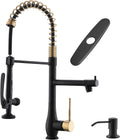 Matte Black & Gold Kitchen Faucet with Dual Nozzles - High Arc Pull