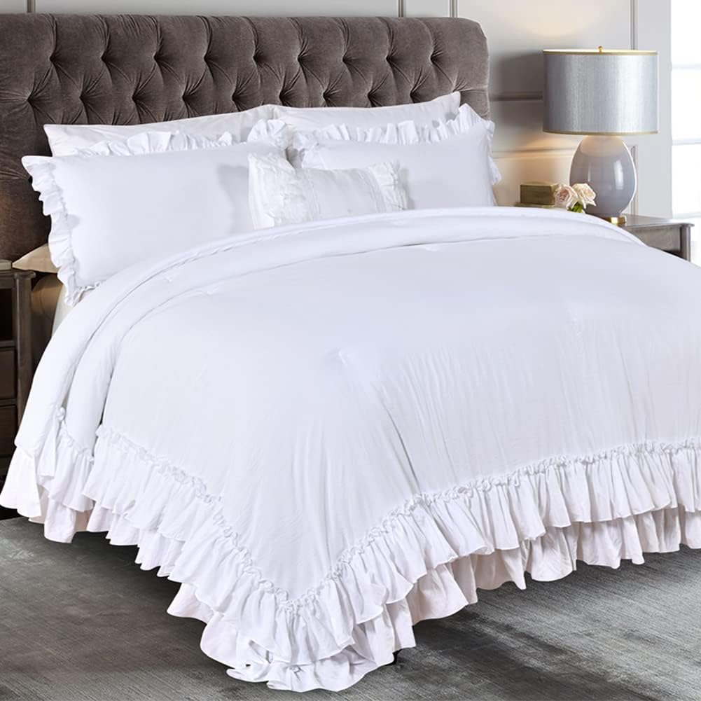Masaca White Ruffled Shabby Comforter Set for King Size Beds