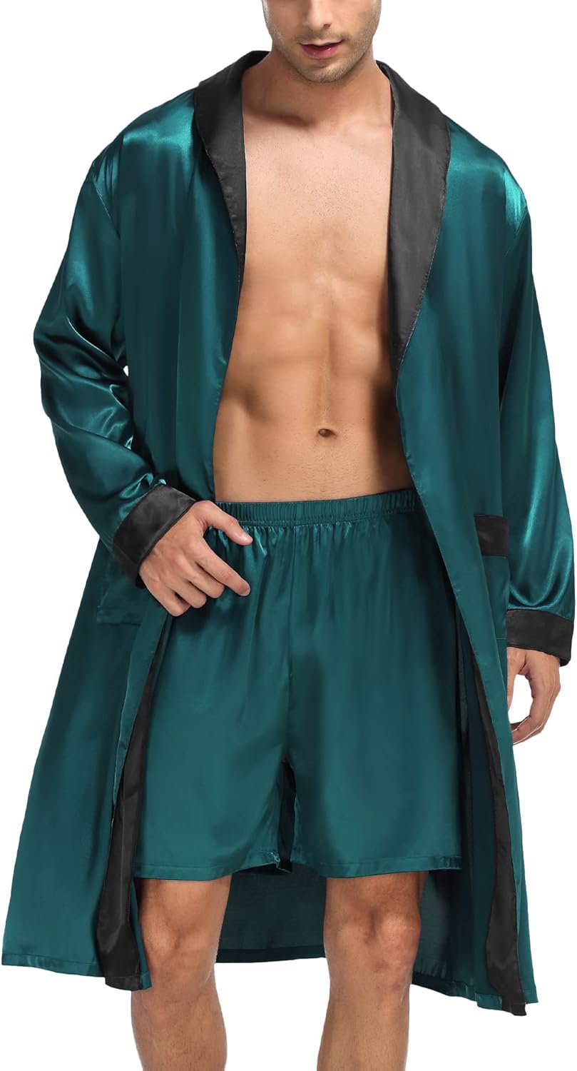 SWOMOG Men's Satin Robe with Shorts Set for Ultimate Comfort