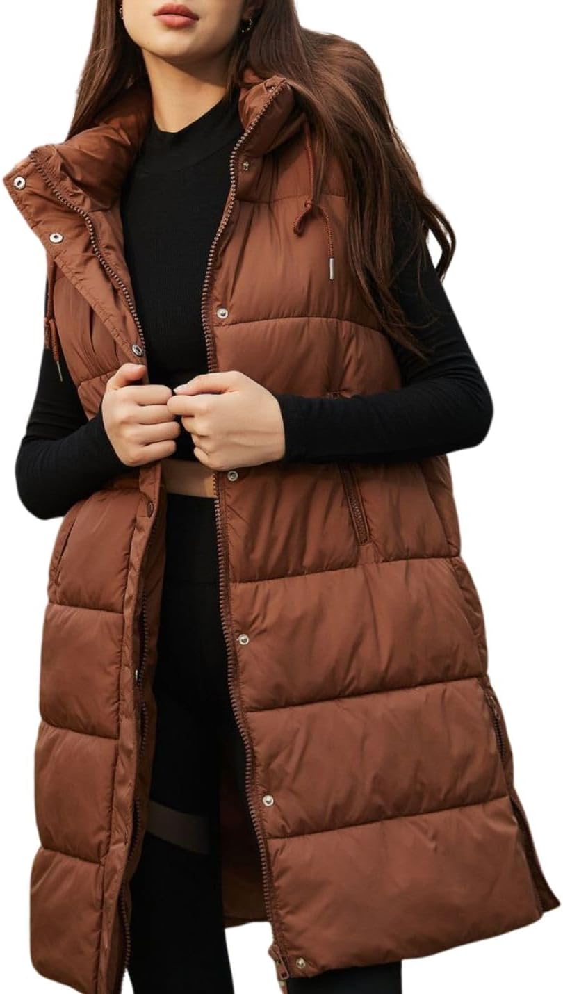 PUWEI Long Puffer Vest for Women - Quilted Hooded Sleeveless Coat