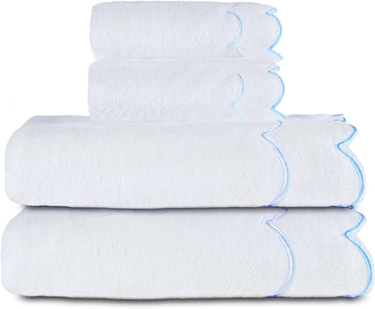 100% Cotton Bath Towels Set with Cute Scalloped Design