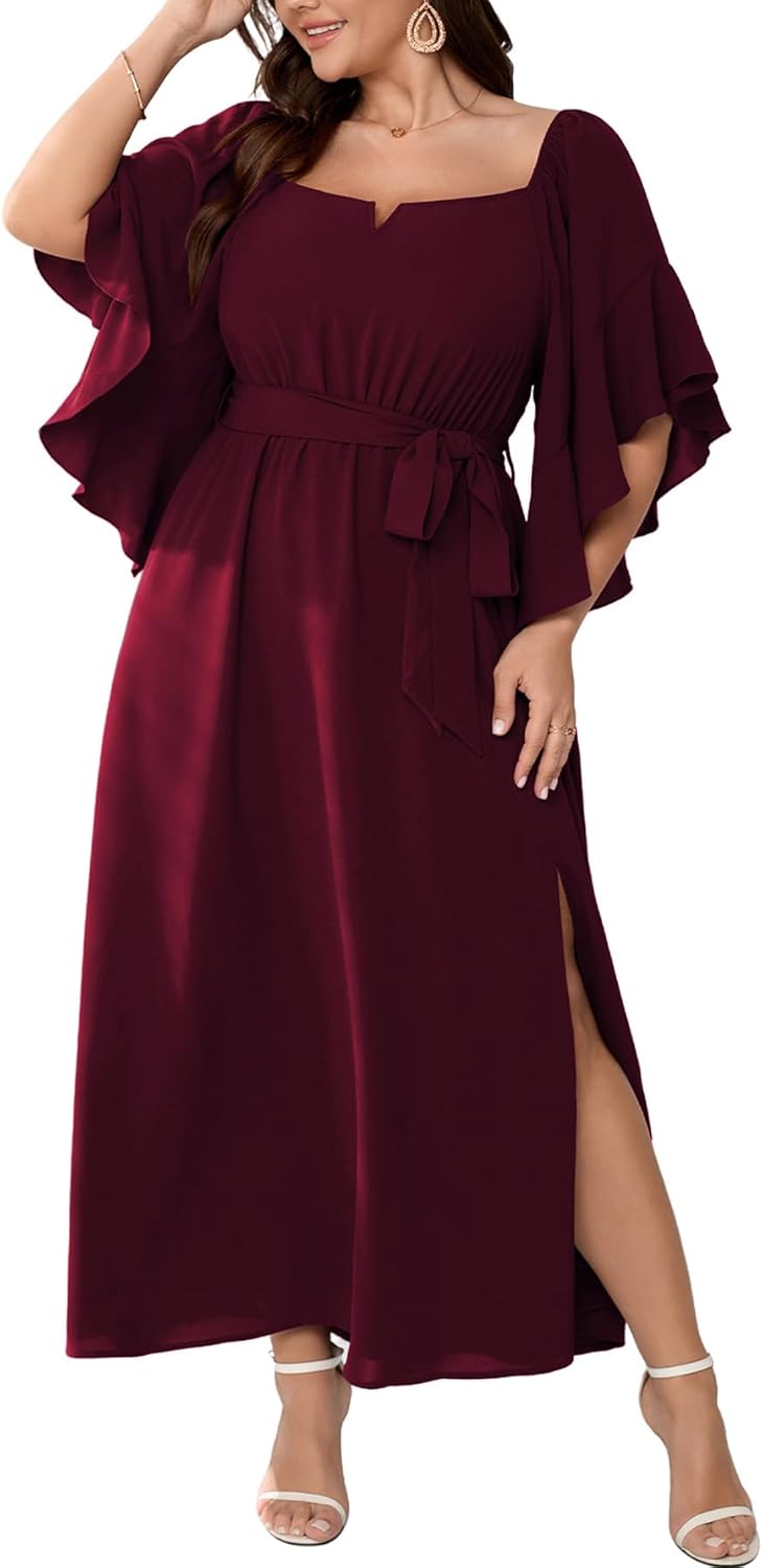 Plus Size Wedding Guest Maxi Dress with Ruffle Sleeves and Slit