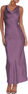 Women's Summer Satin Backless Cowl Neck Maxi Dress - Elegant Silk Look