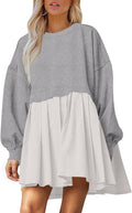 Sweatshirt Dress Women Crew Neck Patchwork Flowy Oversized Mini