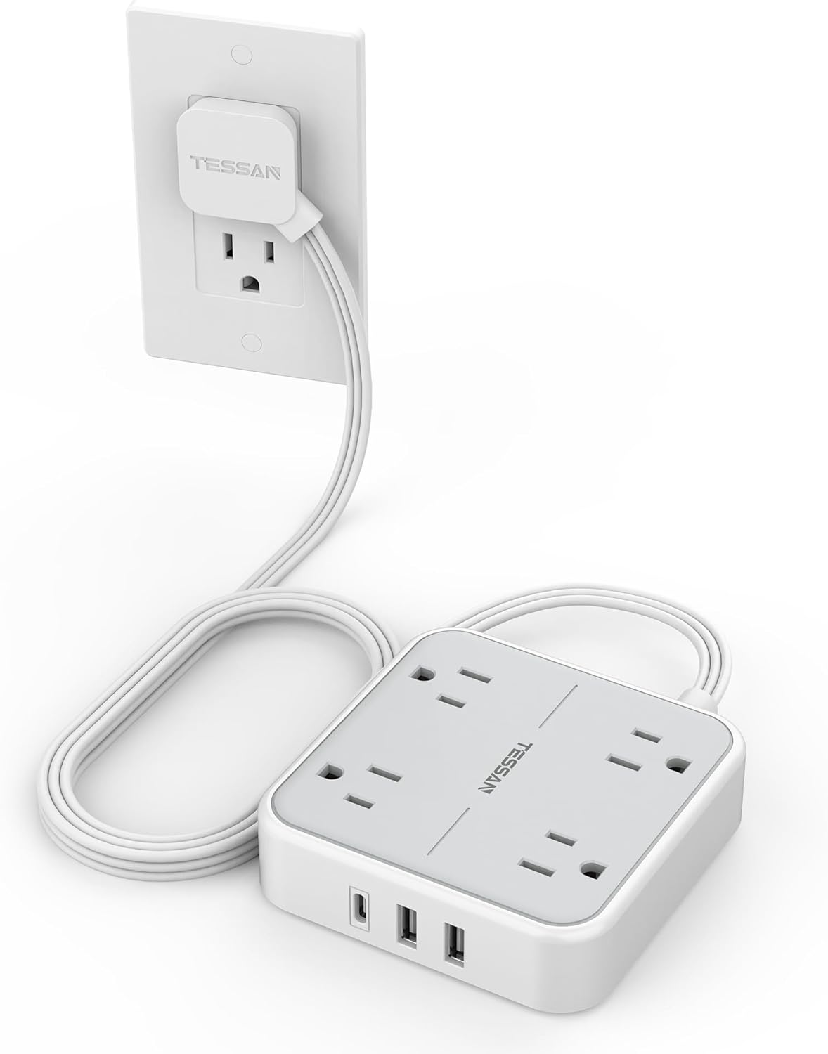 TESSAN Flat Plug Power Strip: Ultra Thin with USB Charging