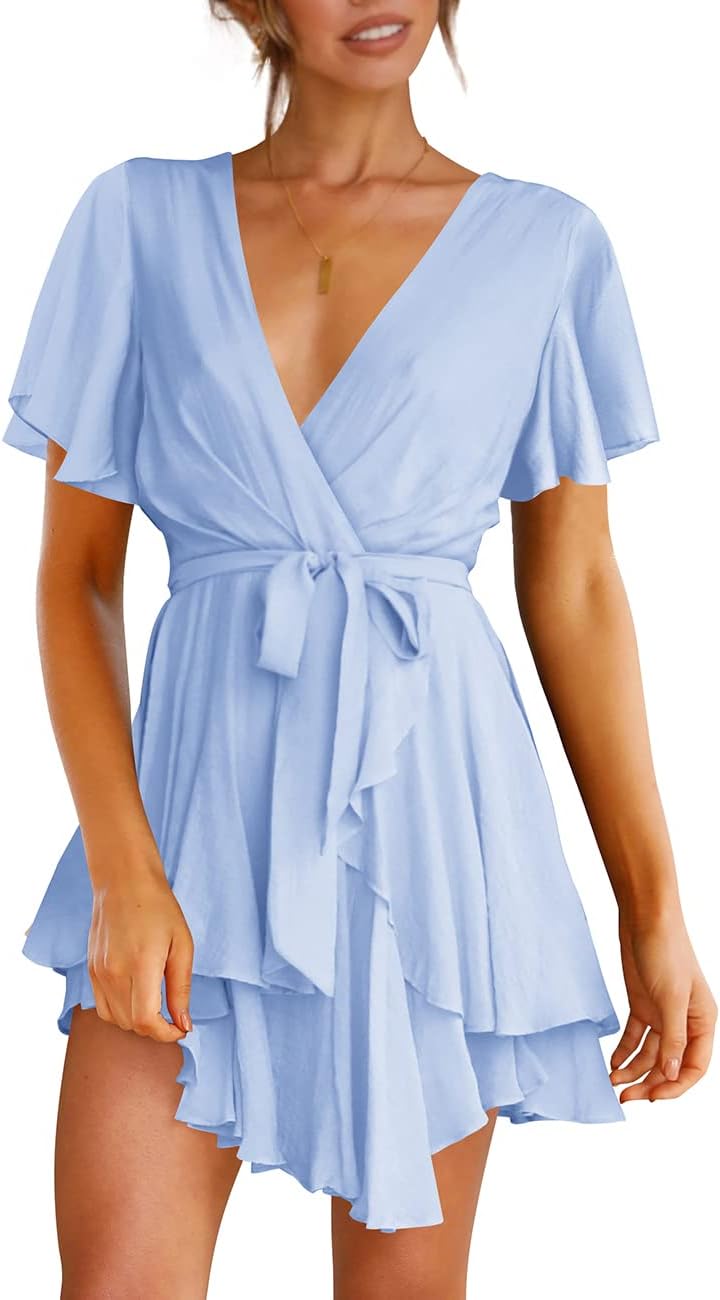 Cosonsen Women's Deep V-Neck Long Sleeve Mini Swing Dress