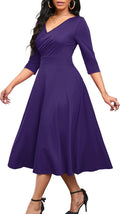 Women's Casual Wrap Flared Midi Dress V-Neck 3/4 Sleeve - Flattering