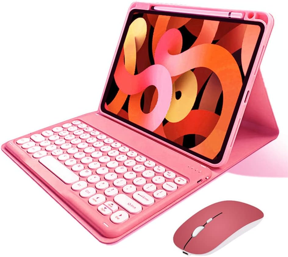 Cute Round Keys Keyboard Case Mouse for iPad Air 11 in Dark Pink