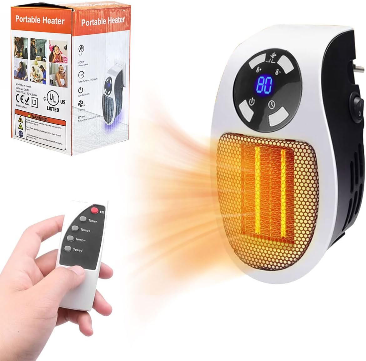 500W Portable Plug-in Heater - Overheat Protection, LED Display - Office & Bedroom