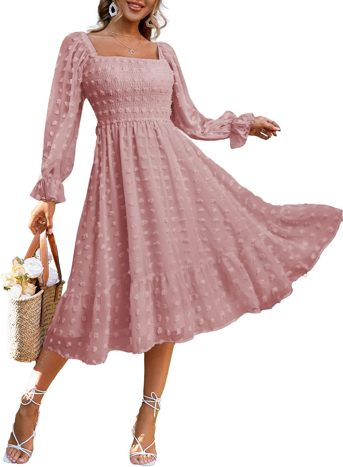 Amegoya Women's Boho Flowy Long Sleeve Midi Dress for Weddings