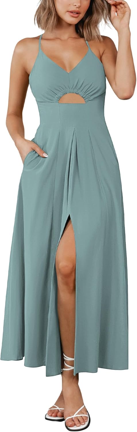 BTFBM Women Summer Spaghetti Strap Midi Dress with Pockets