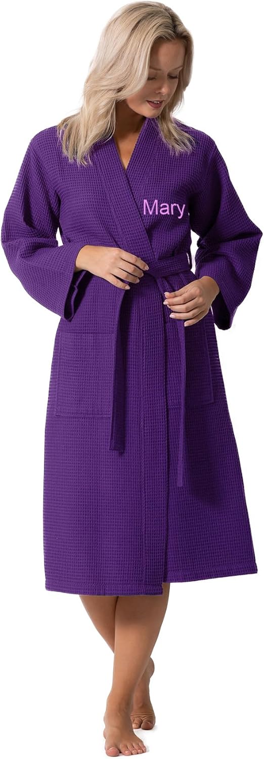 Turkish Linen Waffle Knit Lightweight Kimono Spa Robe for Women