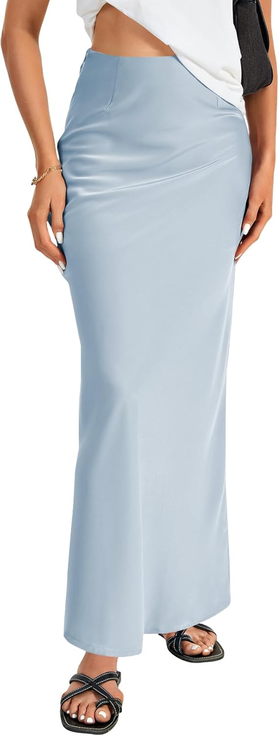 Elegant Satin Silky High Waist A Line Maxi Long Skirt for Women