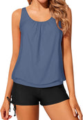 Women's Blouson Tankini Two Piece Swim Set - Grey Blue Modest Fit