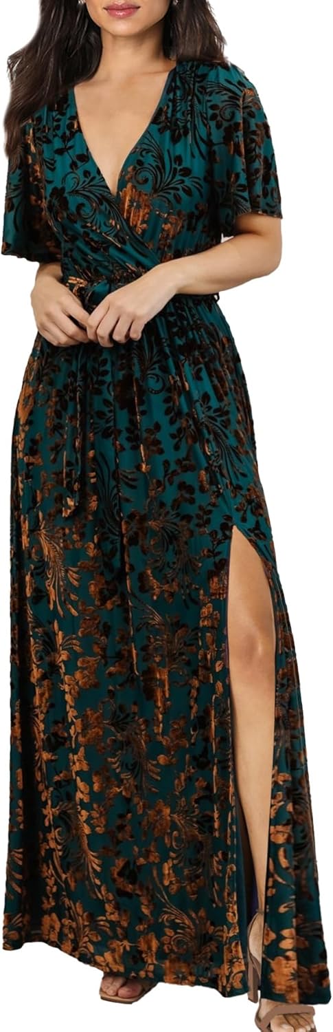 BerryGo Women's Velvet V Neck Wrap Maxi Dress for Parties
