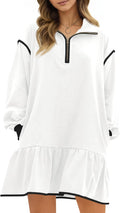 Wenrine Womens Oversized Sweatshirt Dress - Quarter Zip Ruffle Hem