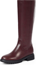 Knee High Boots for Women Round Toe Burgundy Riding Boots - Flat Low