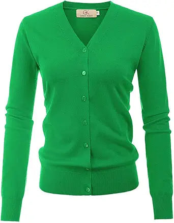 Classic V-Neck Knit Cardigan for Women - Long Sleeve Style
