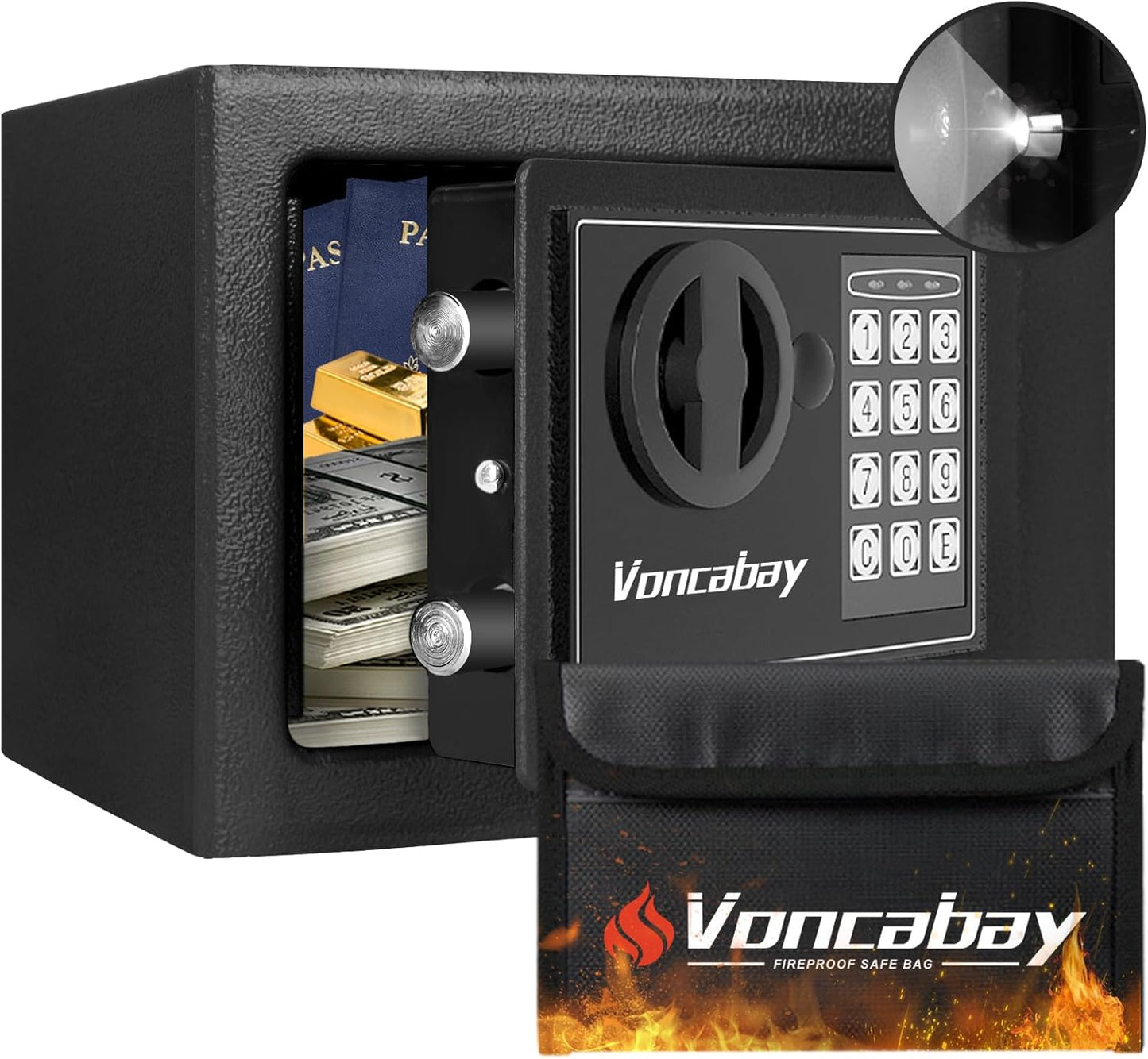 Voncabay Money Safe Box with Sensor Light & Fireproof Bag