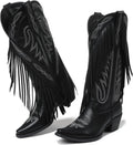 Cowboy Boots for Women Retro Pointed Toe Mid-Calf Block Heel - Tassel