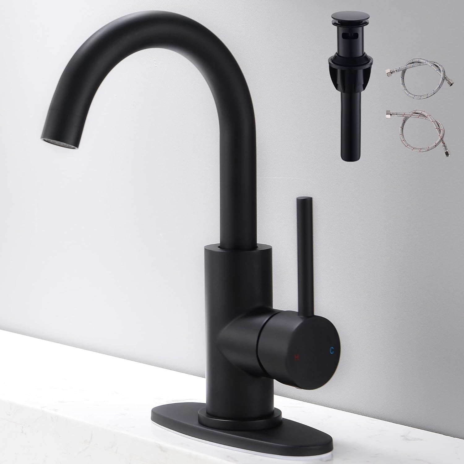 Modern Black Bathroom Faucet with Pop-Up Drain and Deck Plate