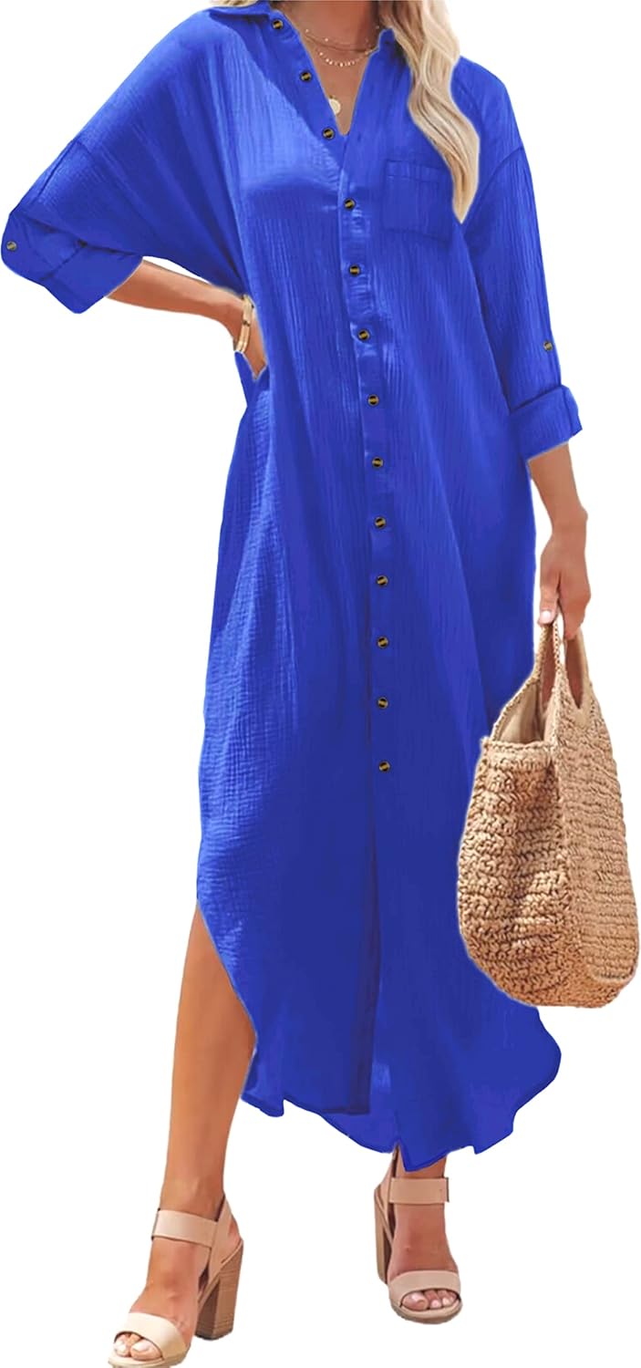 Kuraki Women's Casual Print Maxi Shirt Dress for Effortless Style