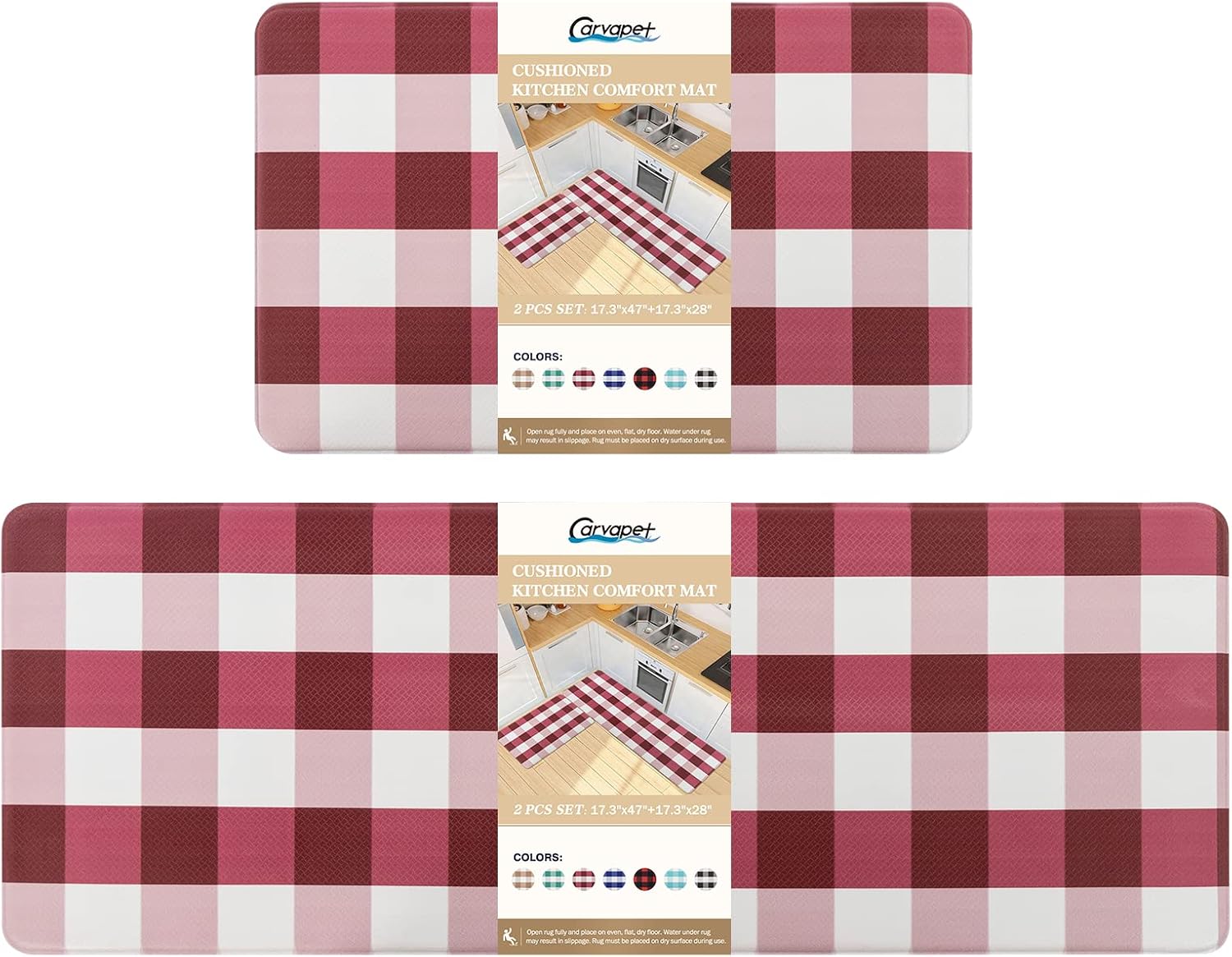 Cushioned Anti-Fatigue Kitchen Mats Set with Buffalo Plaid Design