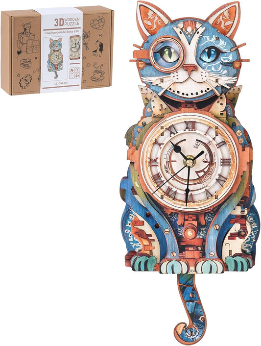 3D Wooden Puzzles for Adults - Detective Cat Clock Model Kit