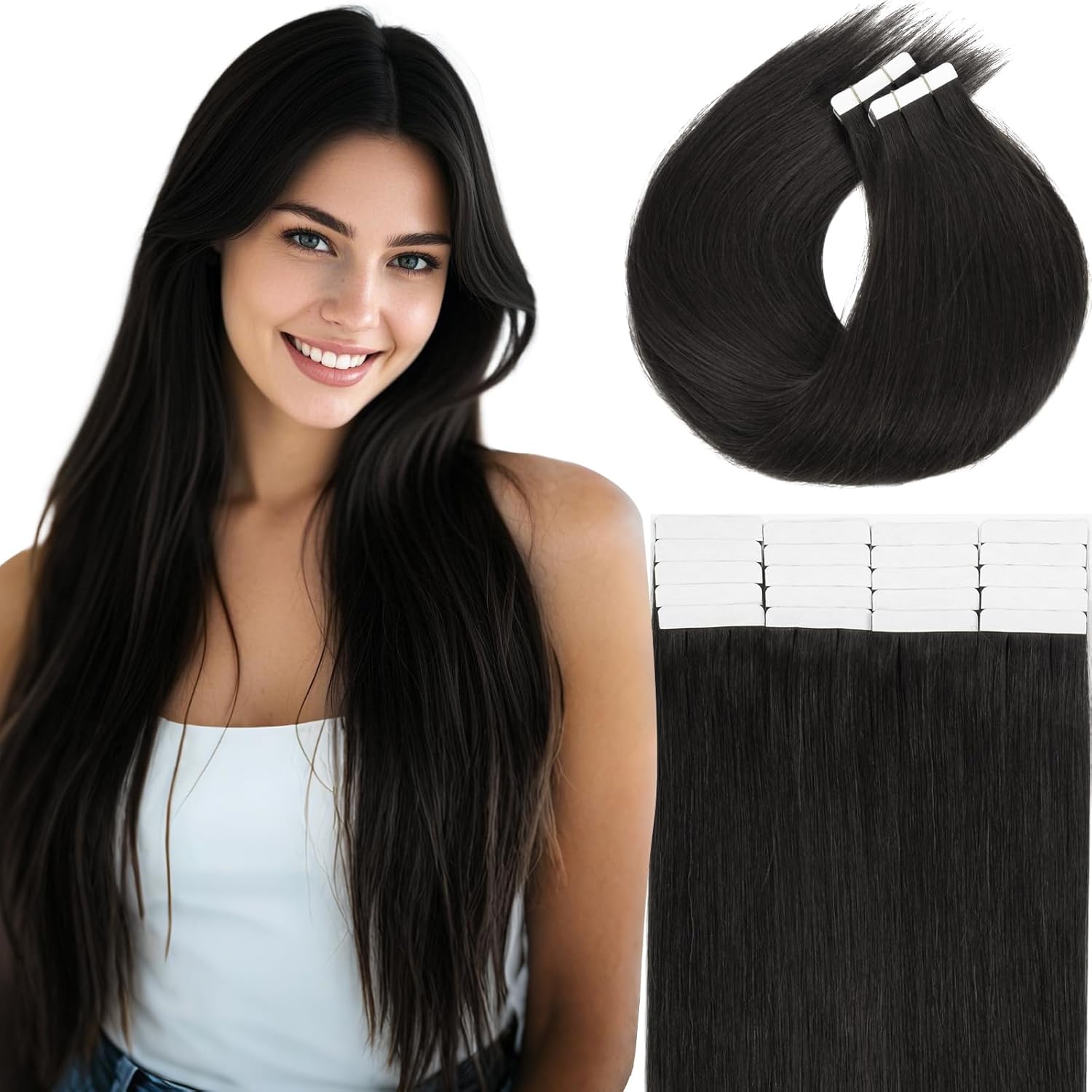 Loxxy Tape in Hair Extensions for Natural Black Volume 20inch