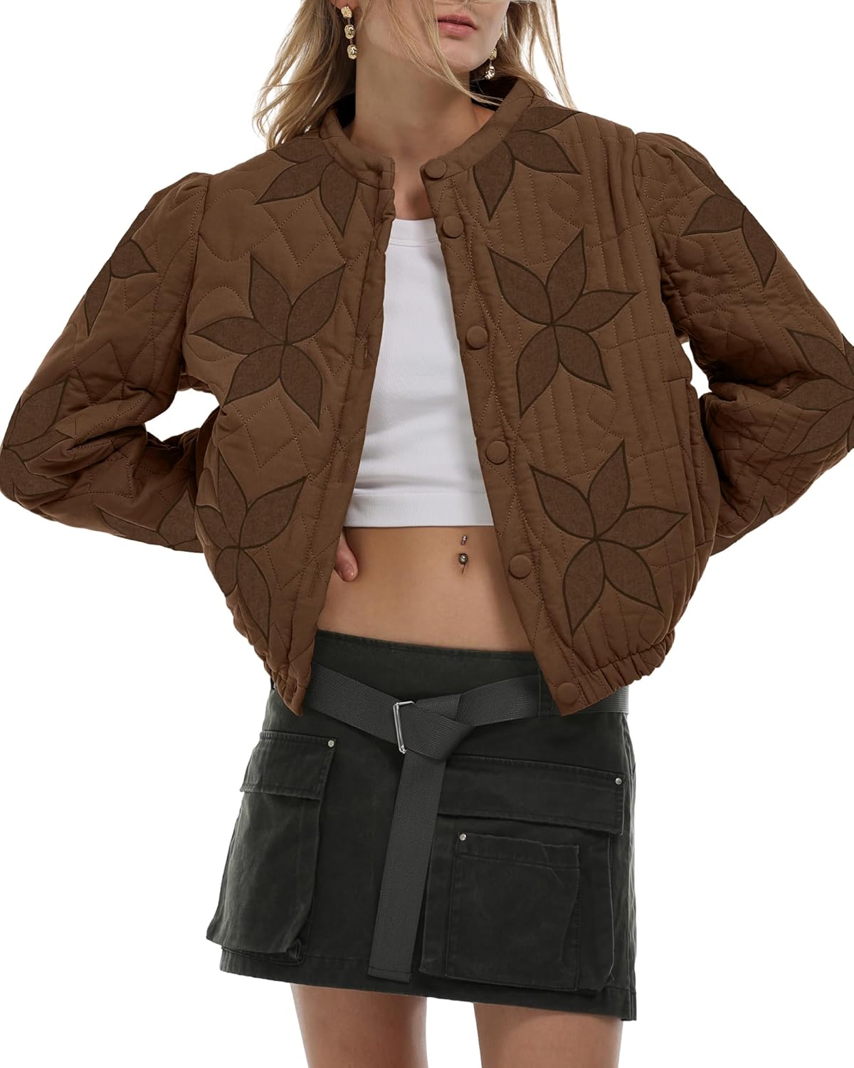 Gacaky Women's Floral Embroidered Cropped Quilted Jacket