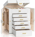 Functional 6-Tier Jewelry Box Organizer with Mirror - Compact White