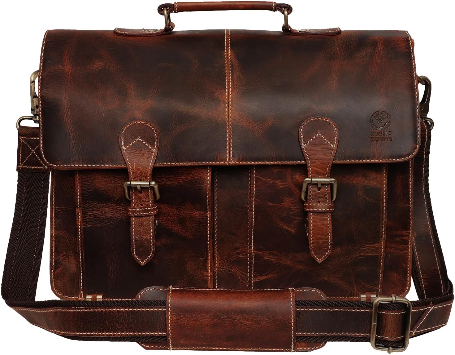 RUSTIC TOWN Handmade Leather Shoulder Briefcase for Men