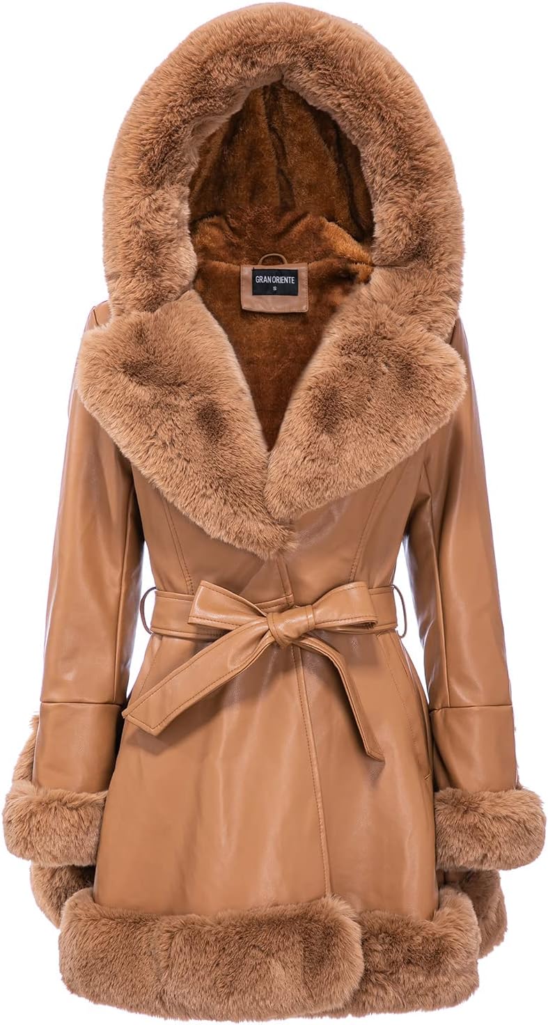 GRAN ORIENTE Women's Faux Leather Jacket with Fur Collar
