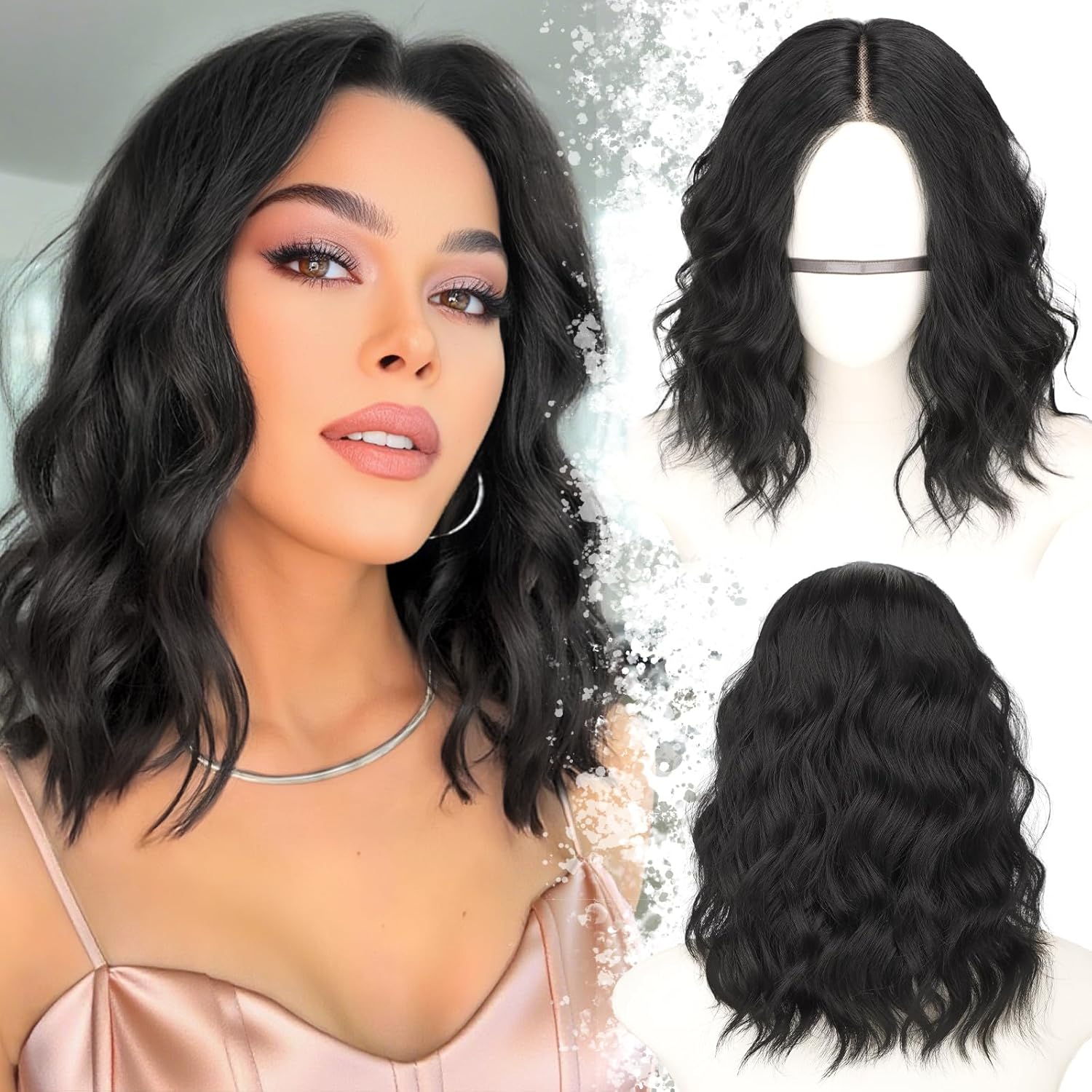 Black Short Wavy Bob Glueless Synthetic Lace Front Wig 14 Inch