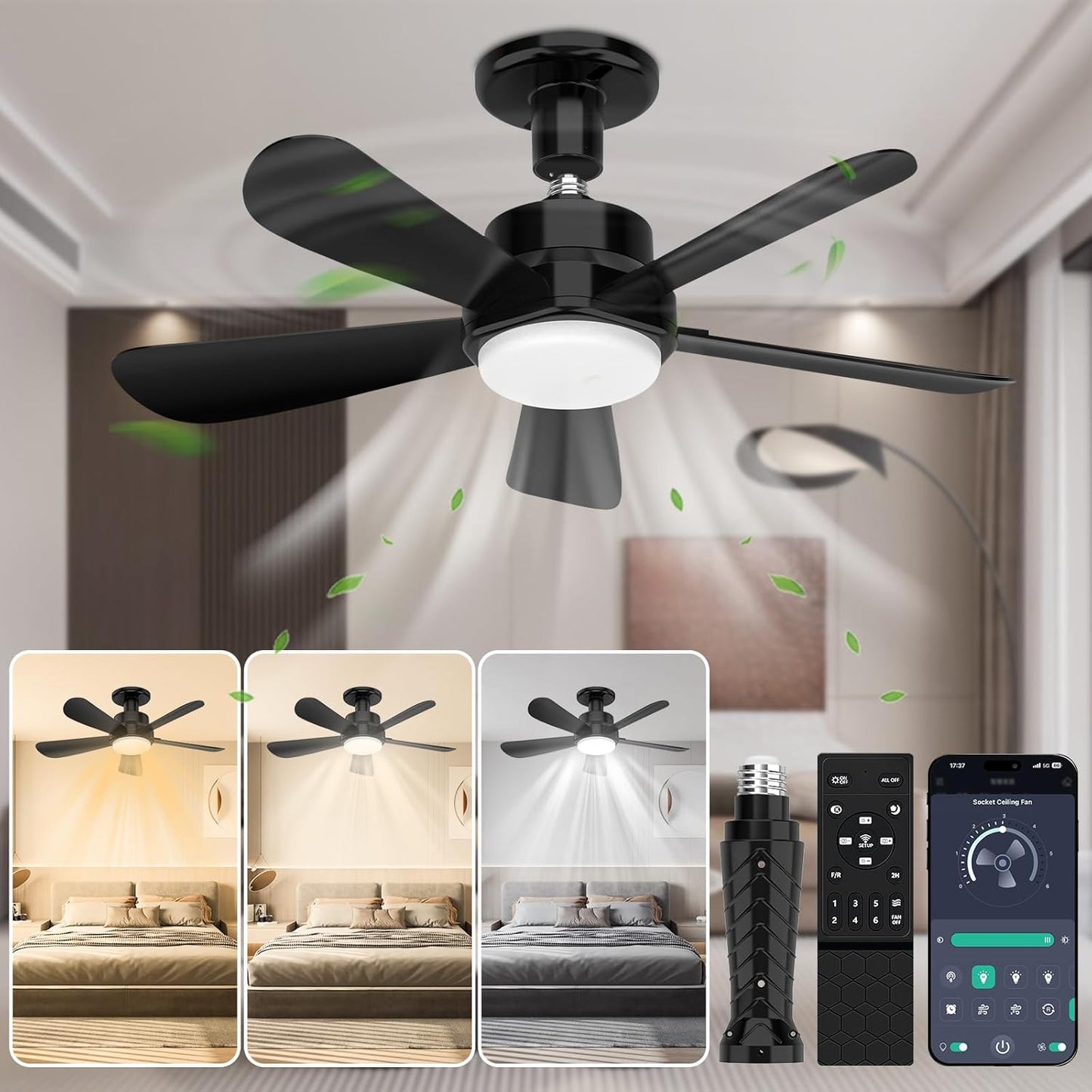 Socket Fan Light with Remote Control for E26 Base 22in
