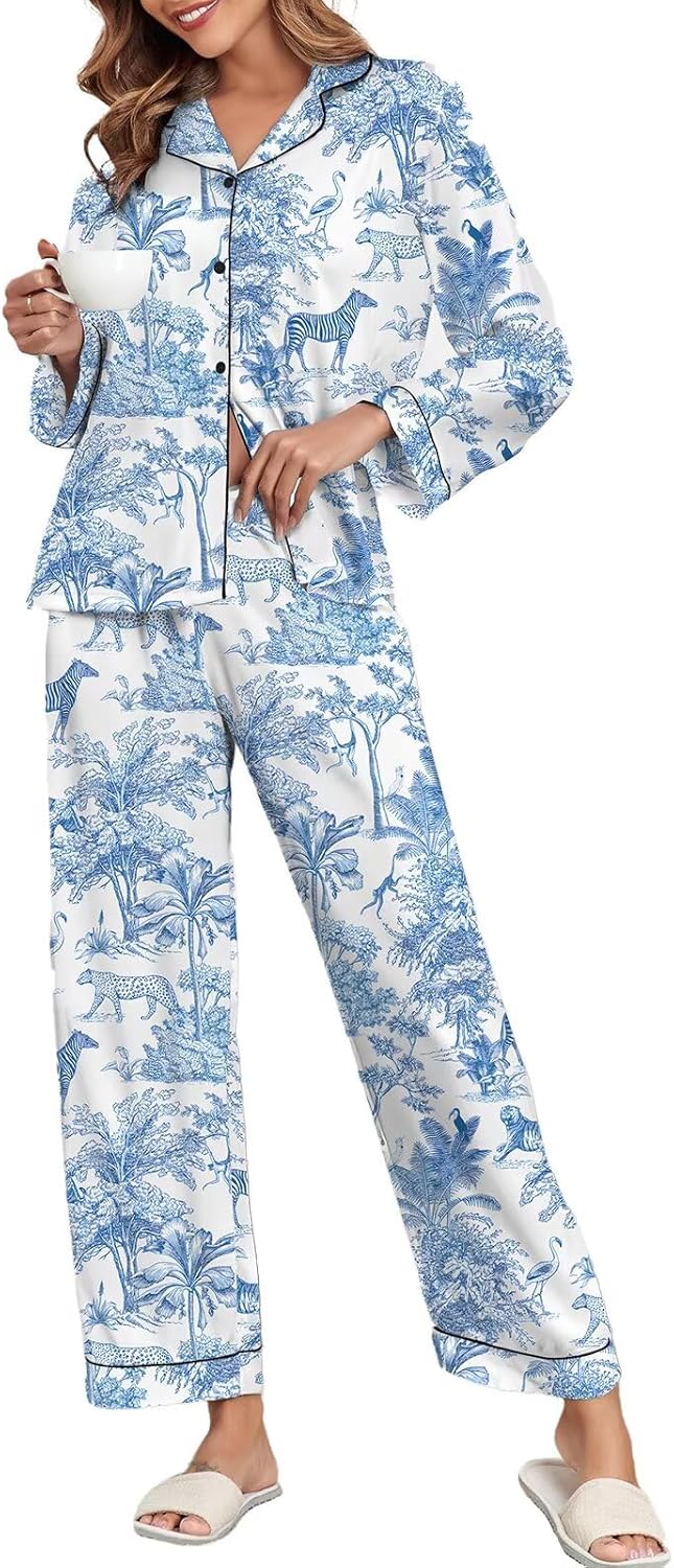 Luxurious Women's Silk Satin Pajamas Set with Lace Pattern