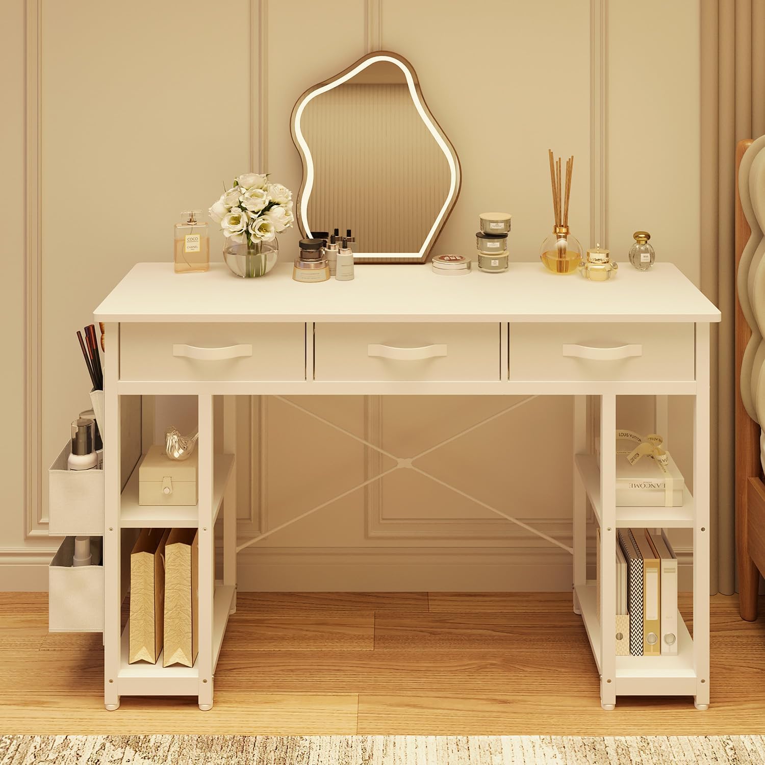 Modern White Vanity Desk with Storage, 48x16 - Versatile Home Office & Makeup Table