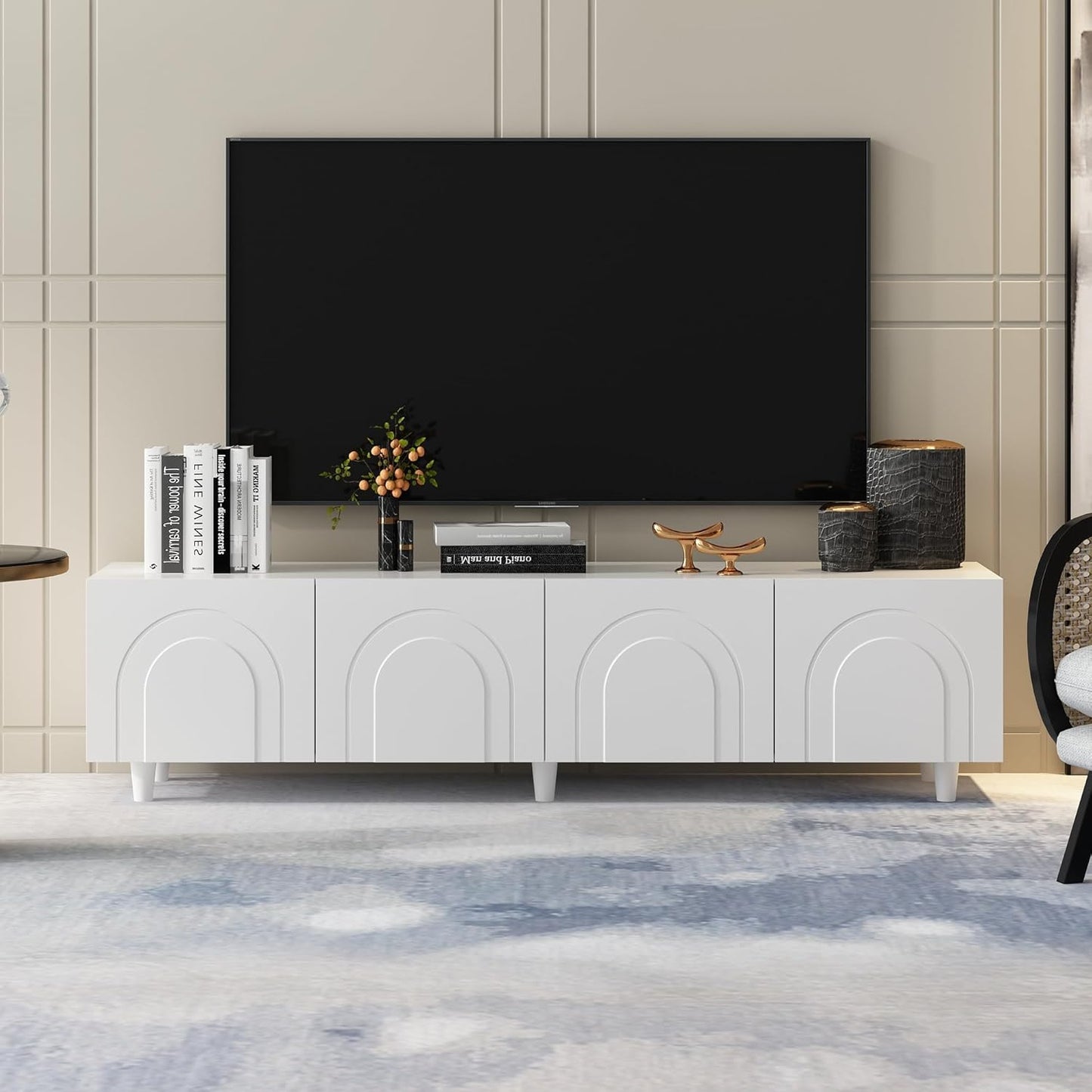 Modern TV Stand with 4 Carved Doors & Storage
