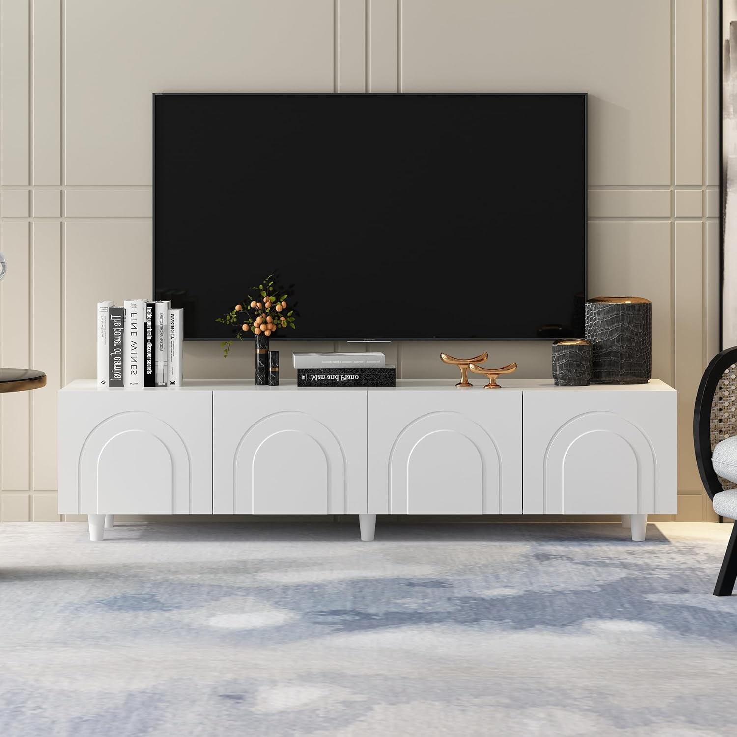 Modern TV Stand with 4 Carved Doors & Storage