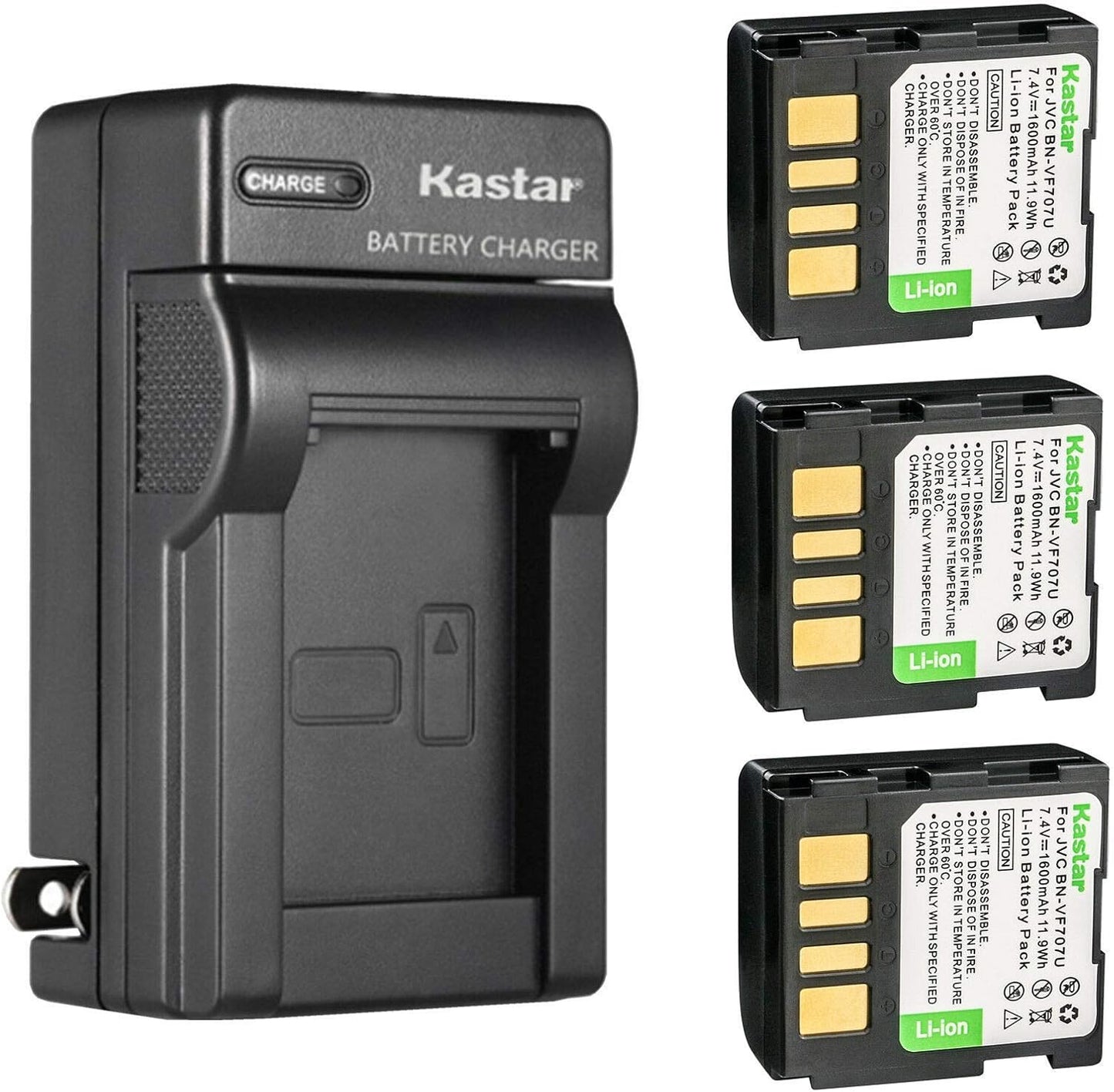 Kastar 3-Pack BN-VF707U Battery and Charger for JVC Camcorders