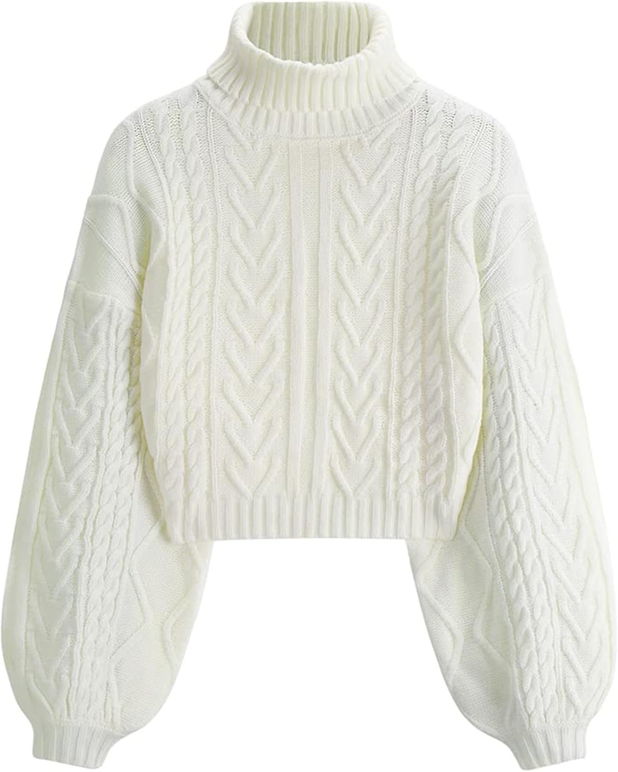 Cropped Turtleneck Sweater for Women with Lantern Sleeves