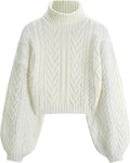 Cropped Turtleneck Sweater Lantern Sleeve Ribbed Knit - Cozy Crop Made