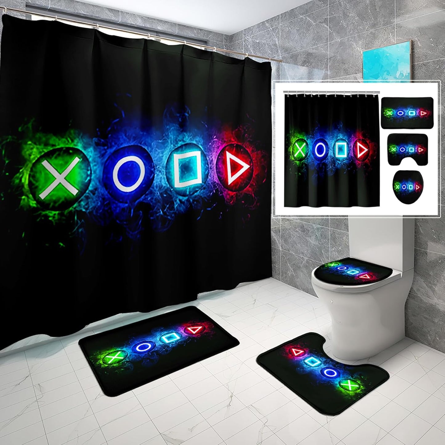 4PCS Gamer Shower Curtain Set - Level Up Your Bathroom!
