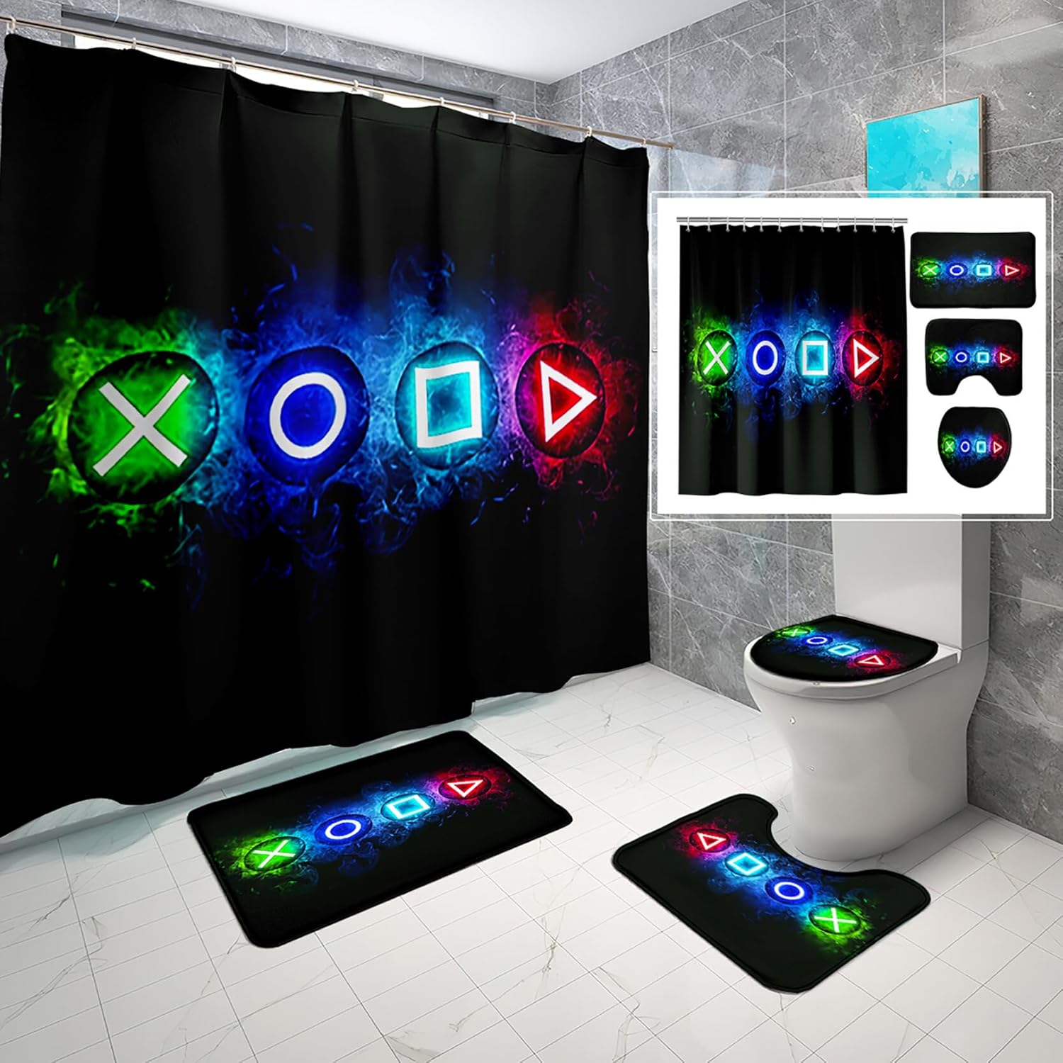 4PCS Gamer Shower Curtain Set - Level Up Your Bathroom!