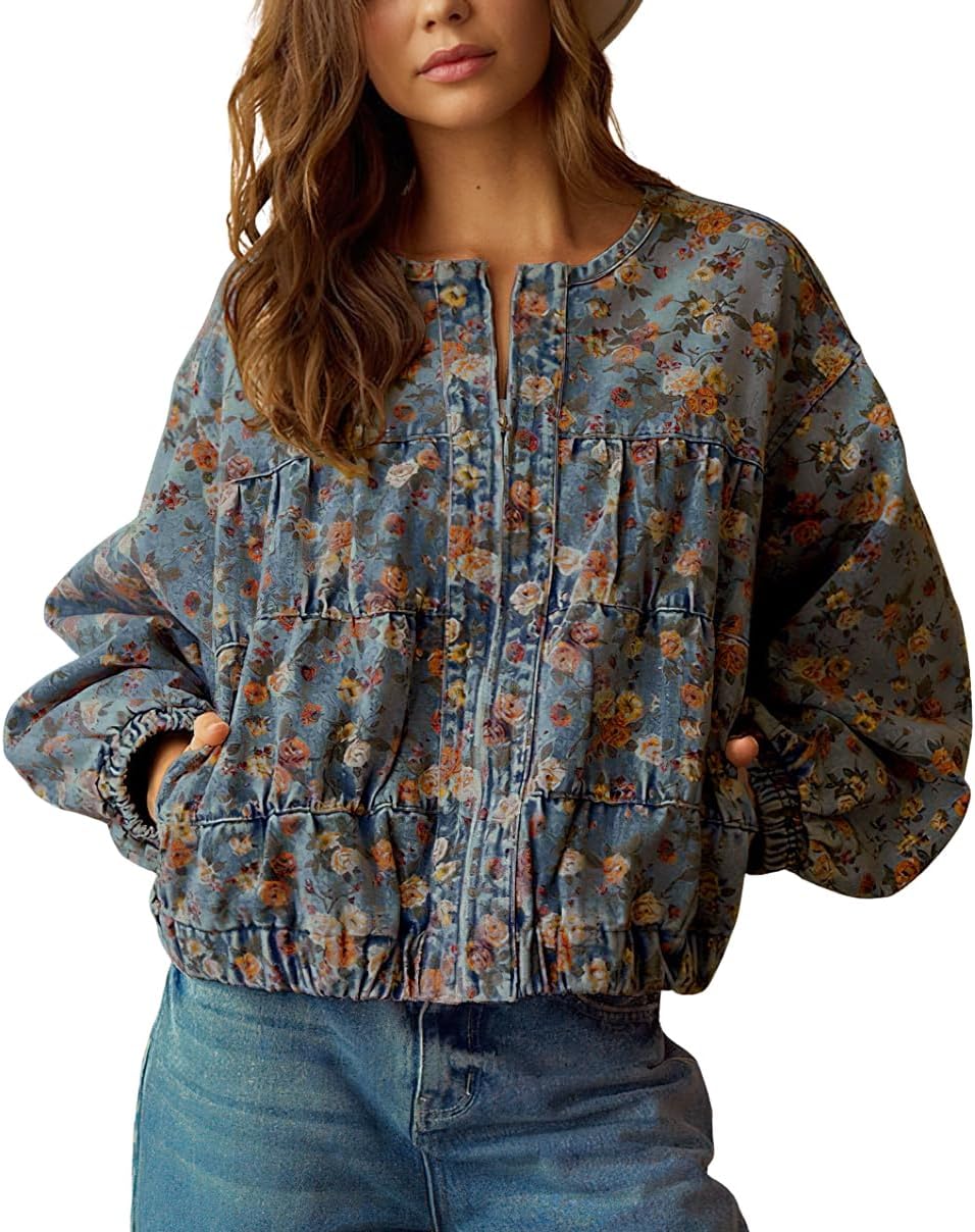 Chouyatou Women's Floral Denim Jacket for Casual Fall Style