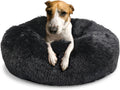 Round Dog Bed for Medium Dogs 30 in Black - Calming Faux Fur