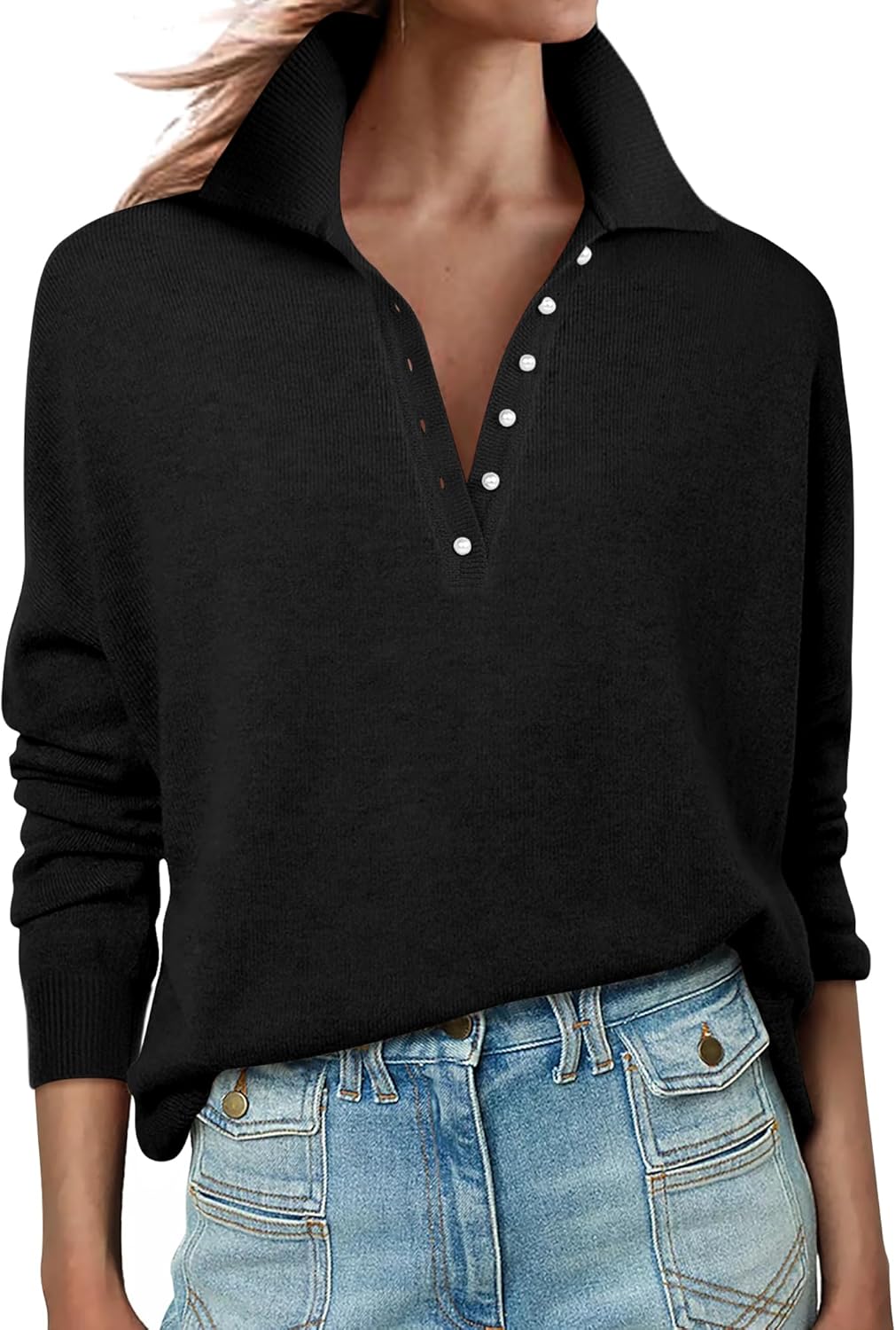 Womens Long Sleeve Polo Sweaters Lightweight Casual Knit Tops