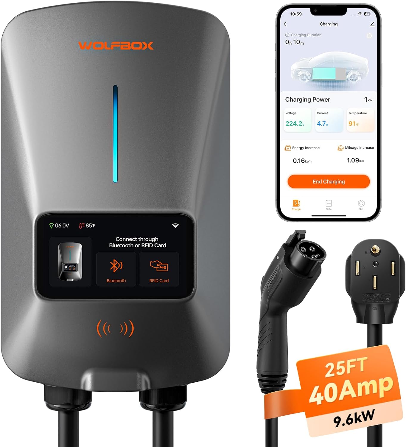 WOLFBOX Level 2 EV Charger - Smart, RFID, WiFi, 25ft Cable