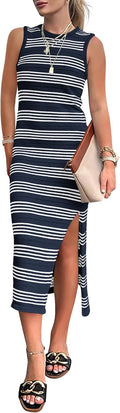 PRETTYGARDEN Summer Striped Knit Midi Dress - Comfortable Curvy Fit