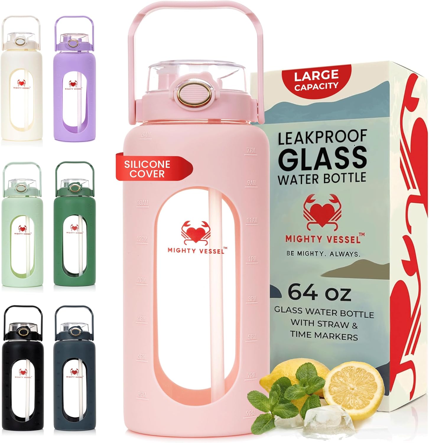 64oz Glass Water Bottle with Straw & Time Marker for Hydration
